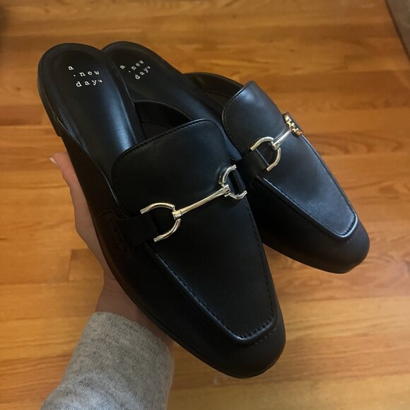 a new day Shoes - A New Day Size 8.5 Black Faux Leather Slip On Gold Buckle Mules